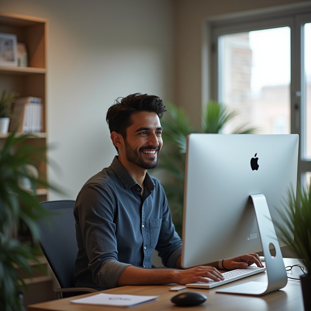 "A high-resolution digital photograph showing a South Asian male marketing professional in his late 20s, seated confidently at a well-lit modern workspace. The setting includes a sleek desktop computer with the Shopify and HubSpot dashboards faintly visible on the screen (not readable), surrounded by minimalistic decor and soft natural lighting. The person is smiling, well-groomed, wearing smart-casual attire, and looking slightly off-camera, conveying confidence, productivity, and innovation."