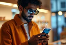 South Asian man interacting with Snapchat AR shopping lens in a retail setting