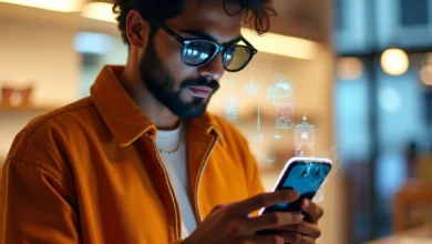South Asian man interacting with Snapchat AR shopping lens in a retail setting