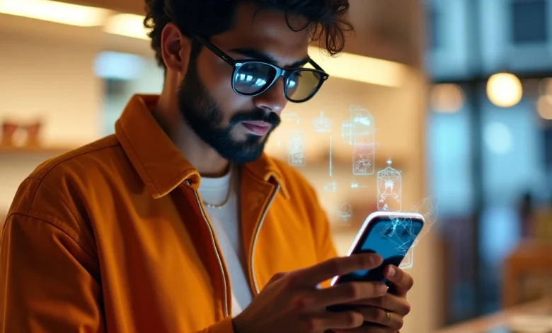 South Asian man interacting with Snapchat AR shopping lens in a retail setting