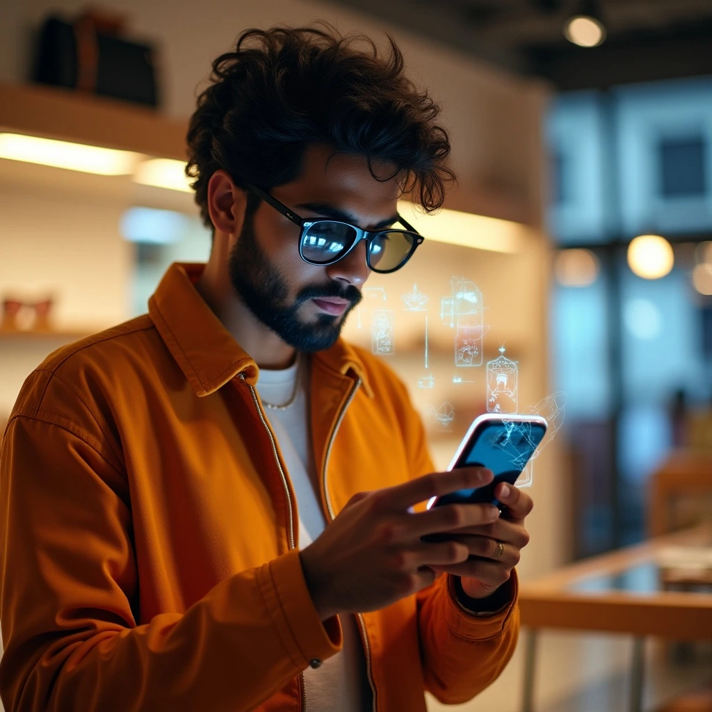 South Asian man interacting with Snapchat AR shopping lens in a retail setting