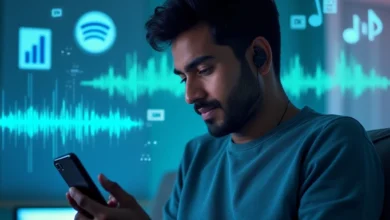 Indian male listening to Spotify with earbuds as AI-personalized audio ads play in the background
