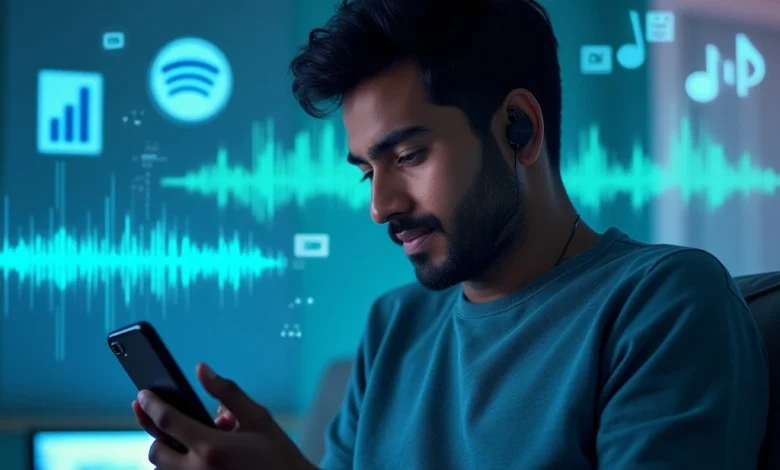 Indian male listening to Spotify with earbuds as AI-personalized audio ads play in the background