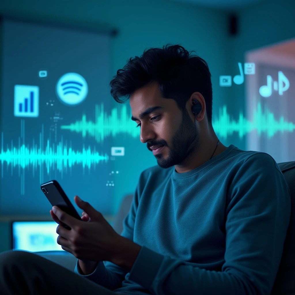 Indian male listening to Spotify with earbuds as AI-personalized audio ads play in the background