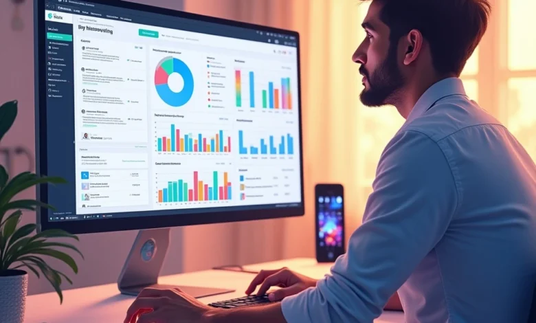 A South Asian male TikTok creator using CRM tools for brand partnership management on a digital dashboard