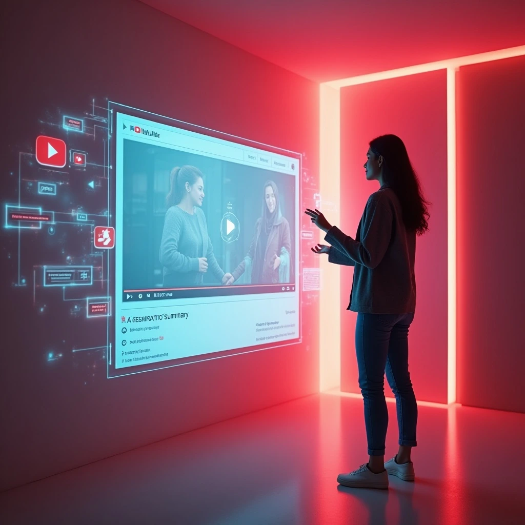 South Asian digital marketer reviewing YouTube AI video summary interface on a laptop screen in a well-lit workspace