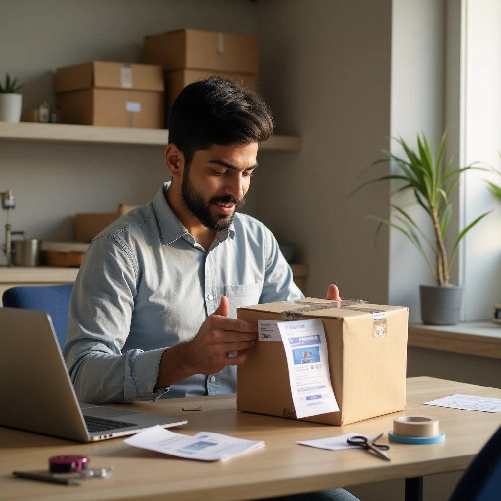 Seller preparing a package to ship an item sold on Facebook Marketplace