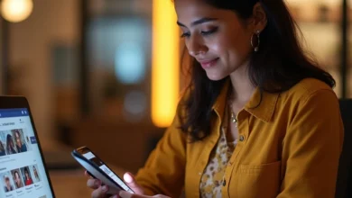 Indian female entrepreneur updating Facebook Stories Highlights in a retail store setting