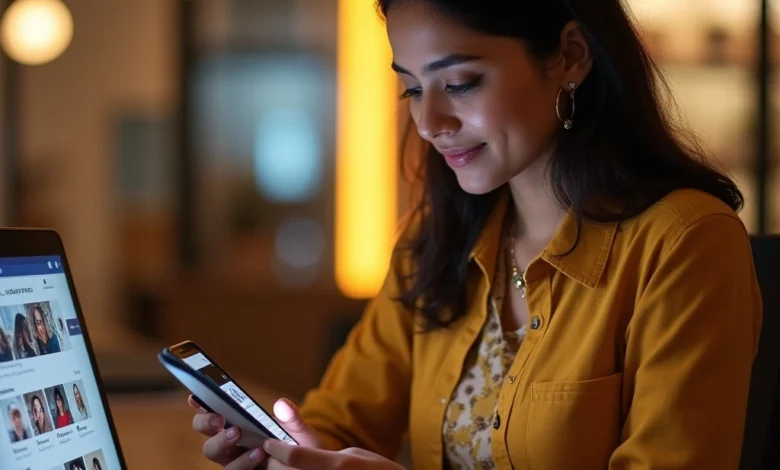 Indian female entrepreneur updating Facebook Stories Highlights in a retail store setting