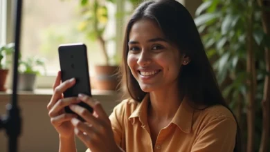 Indian content creator using fullscreen mode on Facebook Reels in a well-lit, vertical smartphone setup.