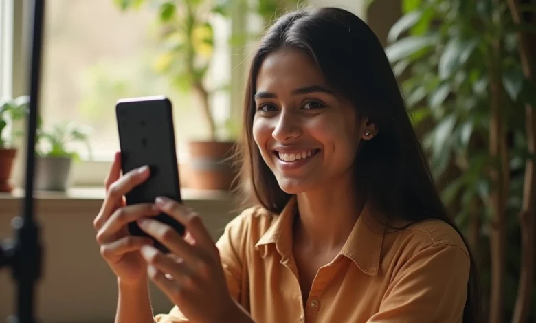 Indian content creator using fullscreen mode on Facebook Reels in a well-lit, vertical smartphone setup.