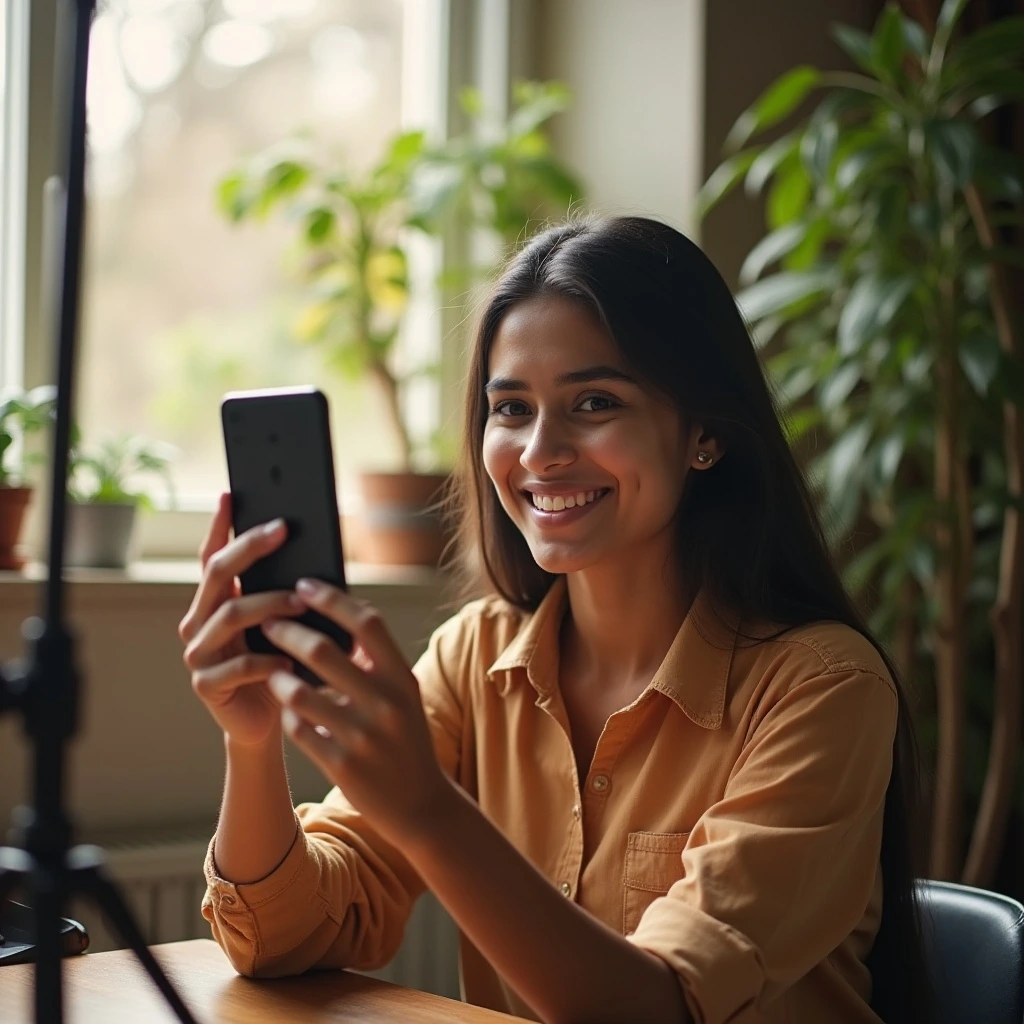 Indian content creator using fullscreen mode on Facebook Reels in a well-lit, vertical smartphone setup.