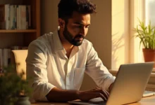 Indian man using a laptop for smart online shopping powered by Google AI Search.