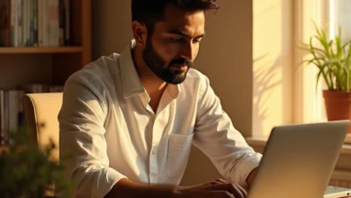 Indian man using a laptop for smart online shopping powered by Google AI Search.