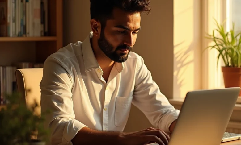 Indian man using a laptop for smart online shopping powered by Google AI Search.