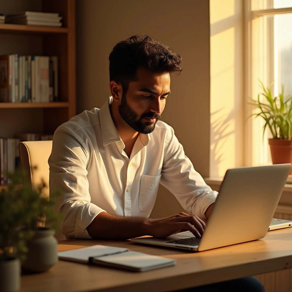 Indian man using a laptop for smart online shopping powered by Google AI Search.