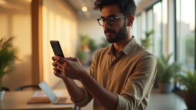 User interacting with Google AI multimedia search on phone using voice and camera in a modern setting