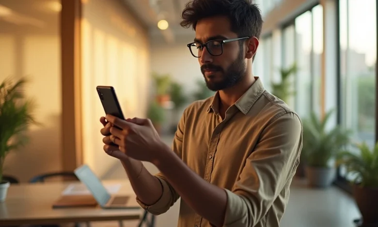 User interacting with Google AI multimedia search on phone using voice and camera in a modern setting