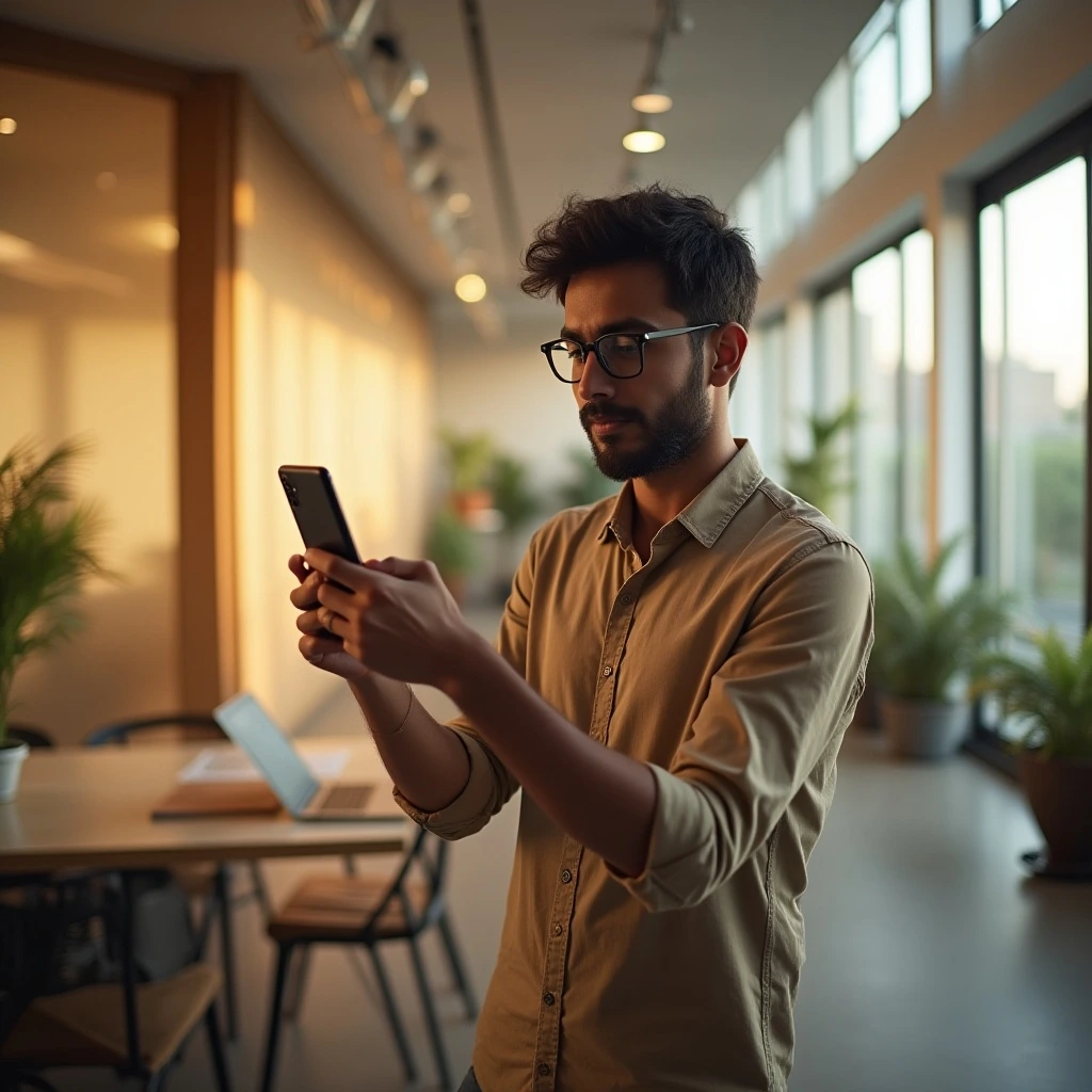 User interacting with Google AI multimedia search on phone using voice and camera in a modern setting