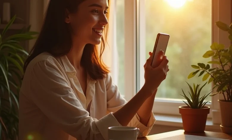 Young Indian woman using AI-powered filters on Instagram Reels in a bright creative workspace