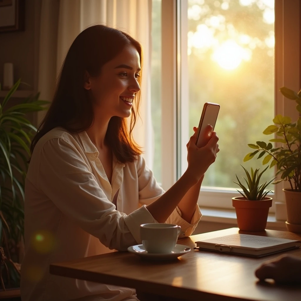 Young Indian woman using AI-powered filters on Instagram Reels in a bright creative workspace