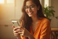 Indian woman using smartphone in sunlight, representing Instagram Group Stories collaboration feature