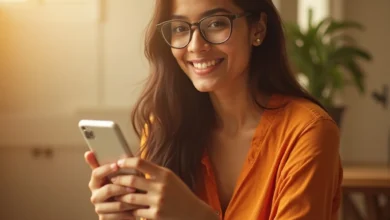 Indian woman using smartphone in sunlight, representing Instagram Group Stories collaboration feature