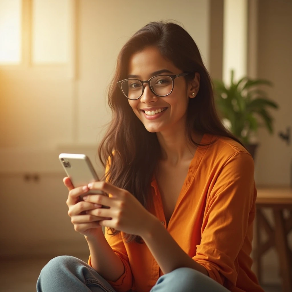 Indian woman using smartphone in sunlight, representing Instagram Group Stories collaboration feature