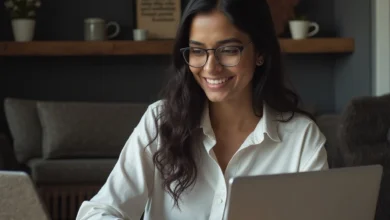 Indian professional woman using LinkedIn Mentorship Connections feature in a coworking space