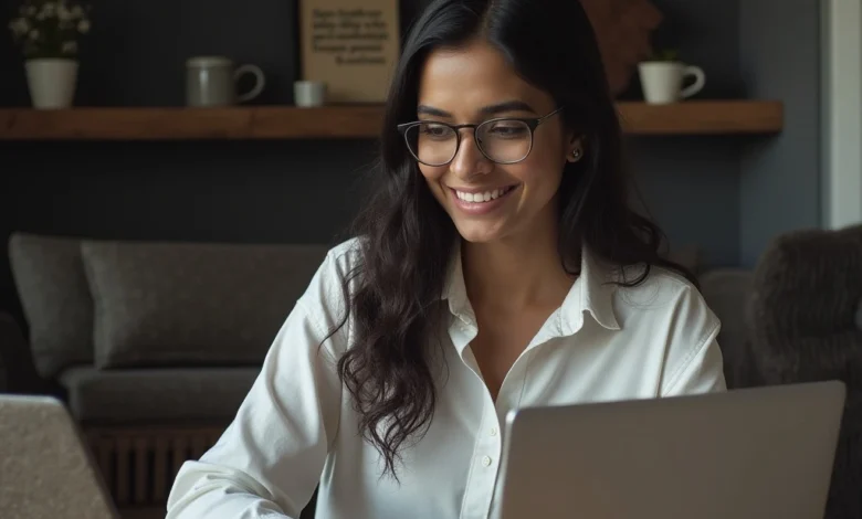 Indian professional woman using LinkedIn Mentorship Connections feature in a coworking space