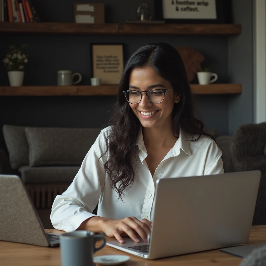Indian professional woman using LinkedIn Mentorship Connections feature in a coworking space