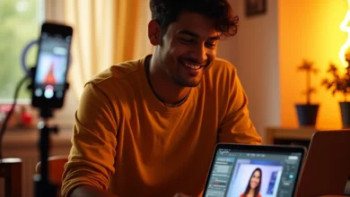 Indian content creator checking Spotlight earnings on Snapchat in a well-lit studio