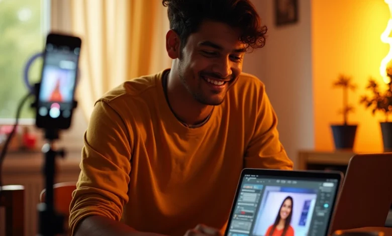 Indian content creator checking Spotlight earnings on Snapchat in a well-lit studio