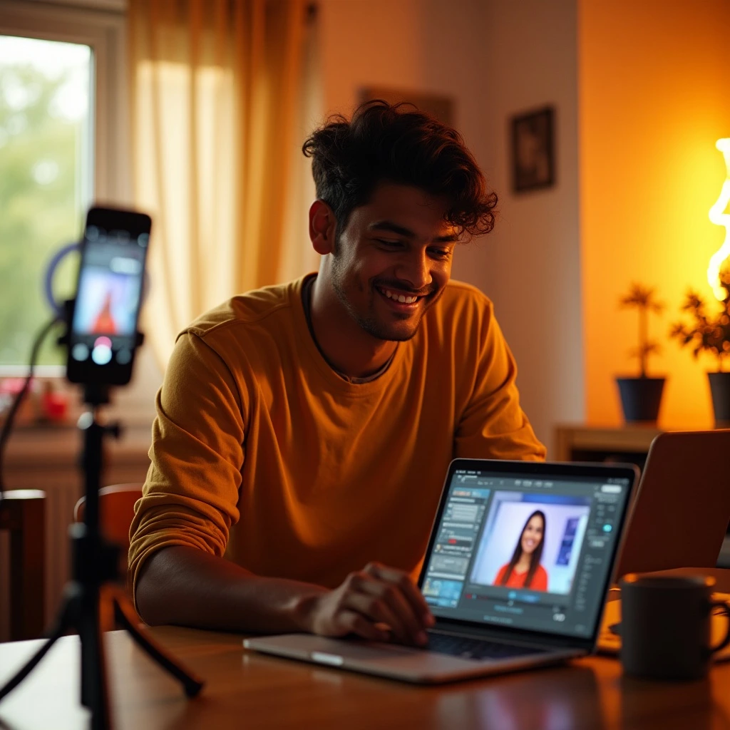 Indian content creator checking Spotlight earnings on Snapchat in a well-lit studio
