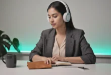 Indian female professional wearing headphones, working on AI-generated music ad strategy
