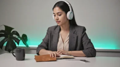 Indian female professional wearing headphones, working on AI-generated music ad strategy