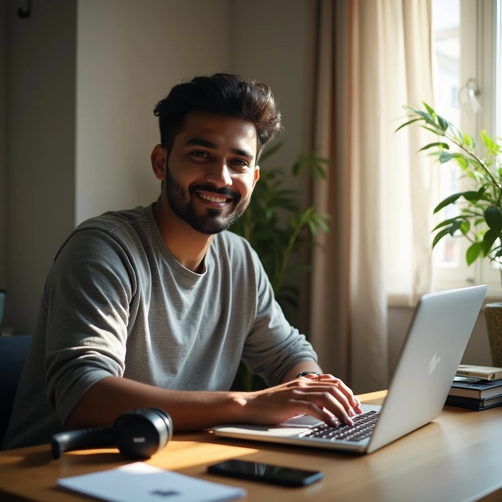 Indian content creator working on TikTok Creator Studio analytics tools at desk