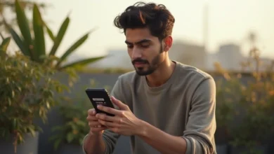 Indian male creator engaging with TikTok interactive poll ad on a sunlit rooftop