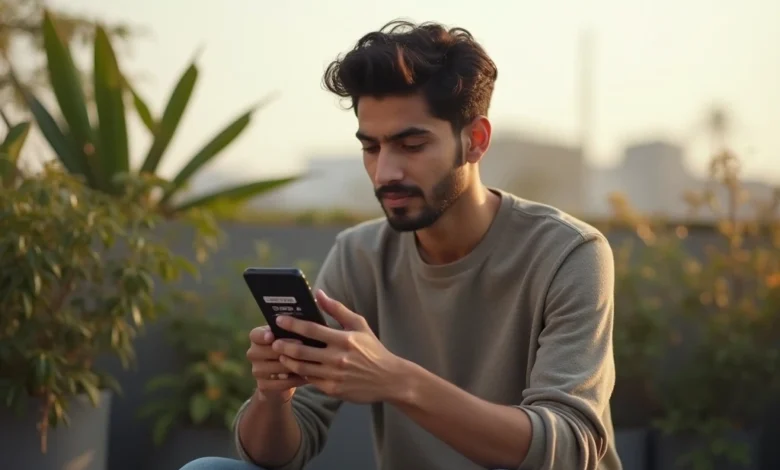 Indian male creator engaging with TikTok interactive poll ad on a sunlit rooftop