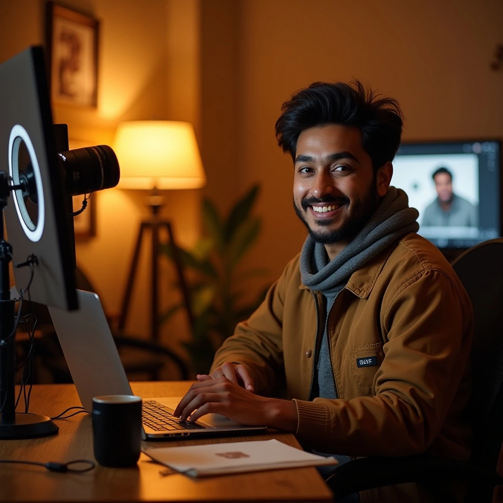 Young content creator engaging with audience using the YouTube Community Tab on a smartphone