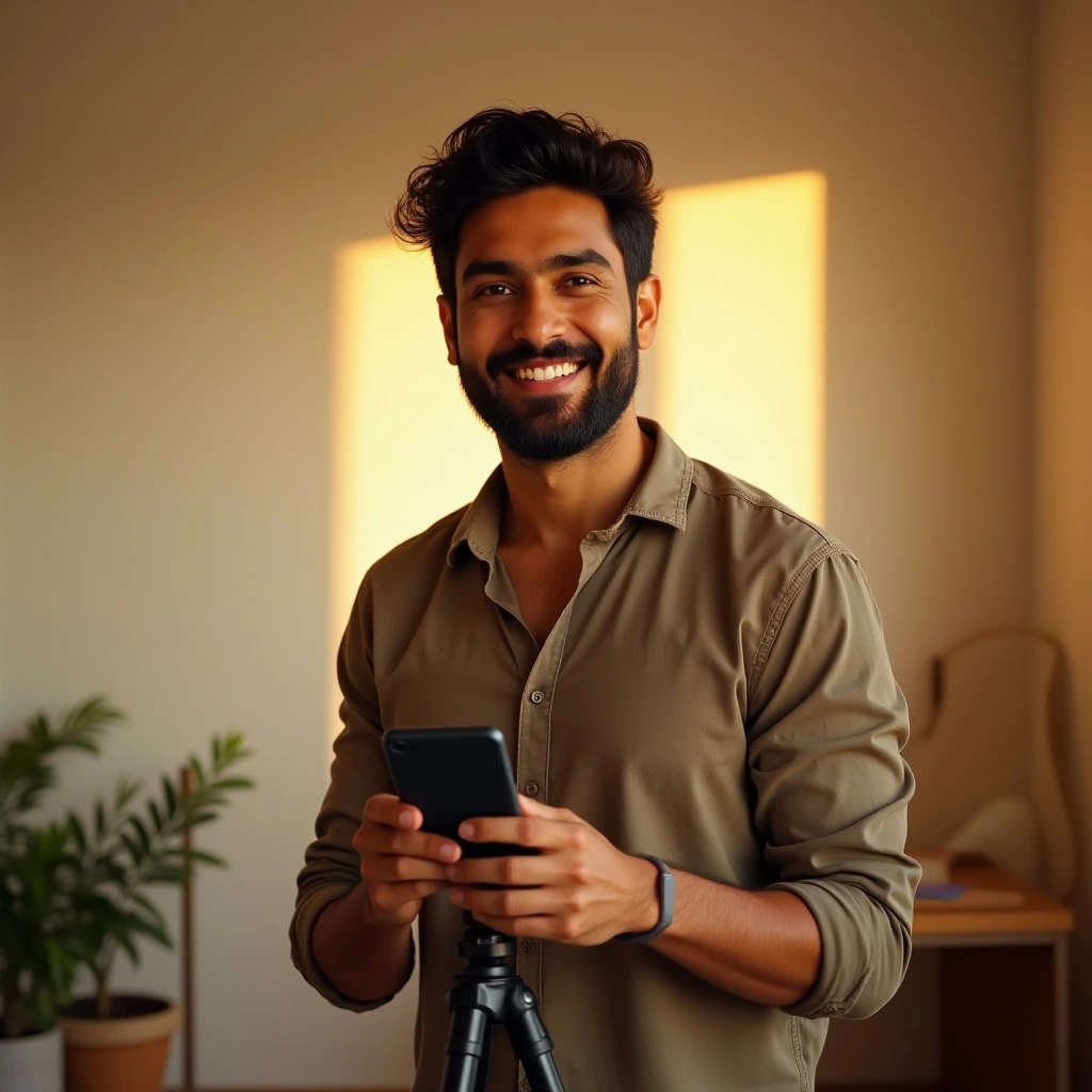 Indian male content creator facing camera in sunlight-lit minimal room, representing YouTube Shorts creators