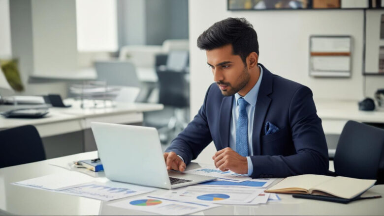 Professional in a suit reviewing Google Ads performance data and charts in an office, reflecting the strategic approach needed when choosing a Google Ads agency