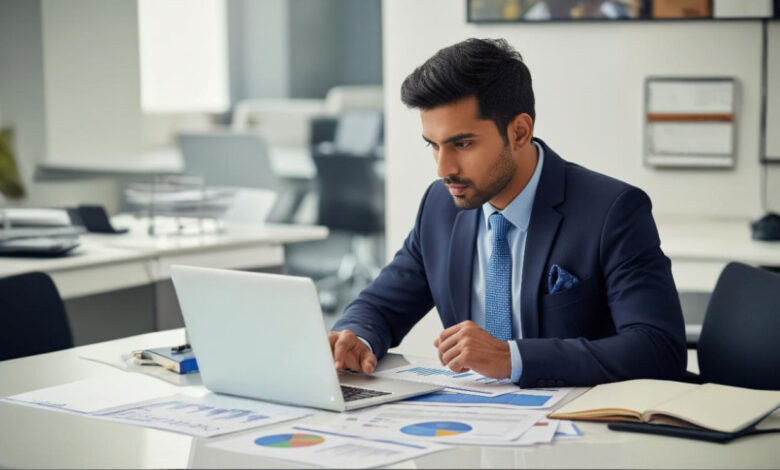 Professional in a suit reviewing Google Ads performance data and charts in an office, reflecting the strategic approach needed when choosing a Google Ads agency