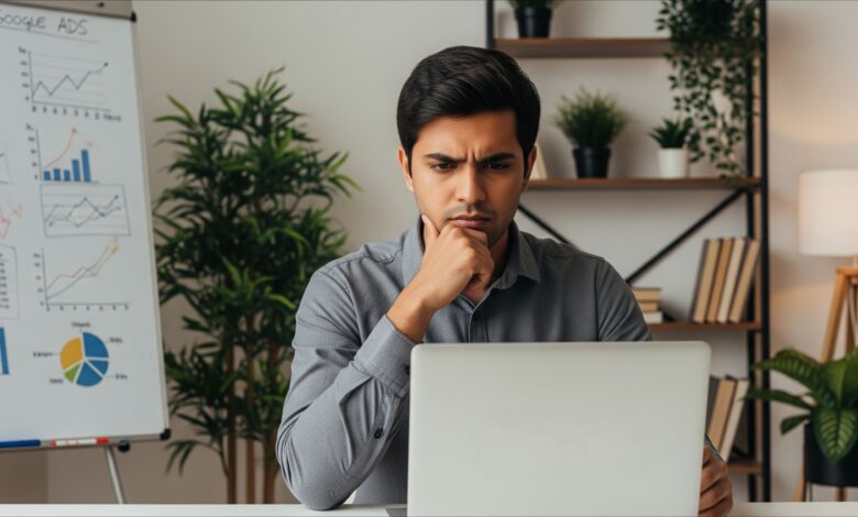 Serious professional analyzing Google Ads data on laptop with charts and graphs displayed on a whiteboard in the background