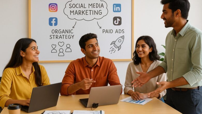 Group of marketers brainstorming organic and paid social media strategies