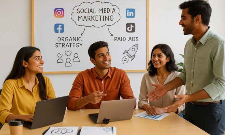 Group of marketers brainstorming organic and paid social media strategies