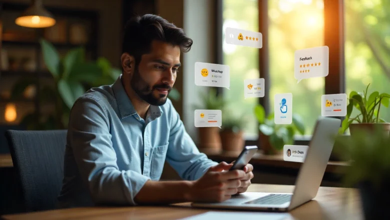 Indian business owner using WhatsApp to collect AI-powered automated customer feedback via chatbot.