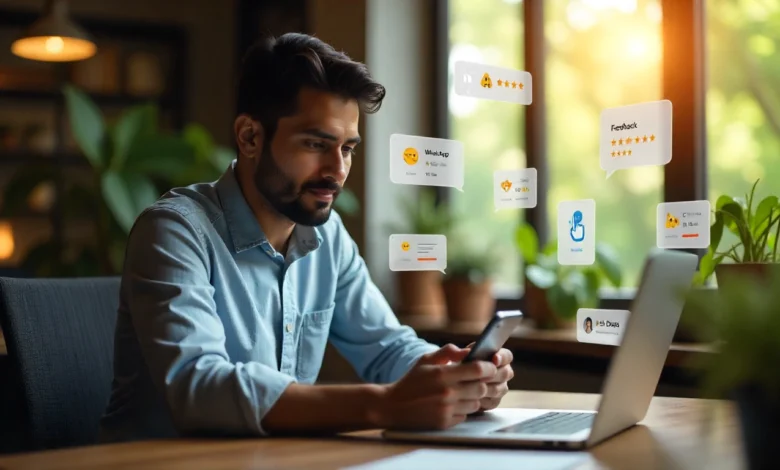 Indian business owner using WhatsApp to collect AI-powered automated customer feedback via chatbot.