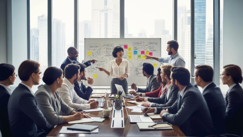 Team brainstorming branding and marketing strategies in a corporate workshop.