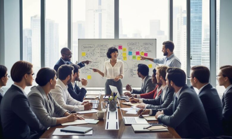 Team brainstorming branding and marketing strategies in a corporate workshop.